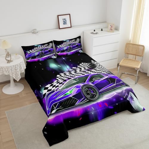 Purple Race Car Comforter Set, Black Bedding Full Size for Kids Teens