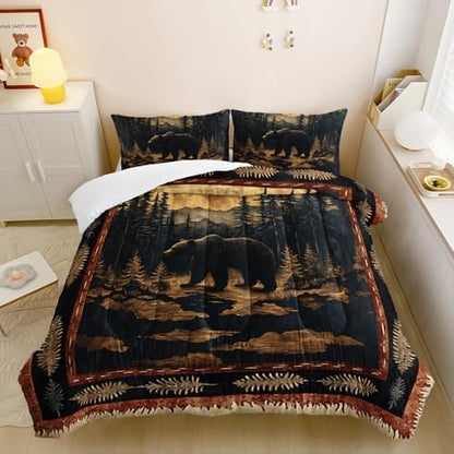 Black Bear Comforter Set Twin Size for Kids Boys,Rustic Comforter Set,Cabin Woodland Forest Animals Hunting Bedding Set,Soft Microfiber Wildlife Quilt Set