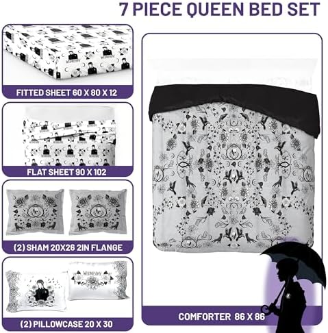 Wednesday Addams Queen Comforter Set 7 Piece Floral Bedding for Girls, Gray