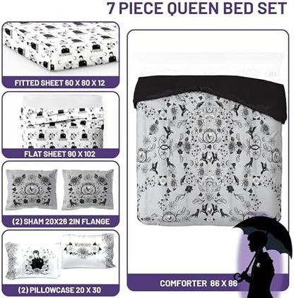 Wednesday Addams Queen Comforter Set 7 Piece Floral Bedding for Girls, Gray