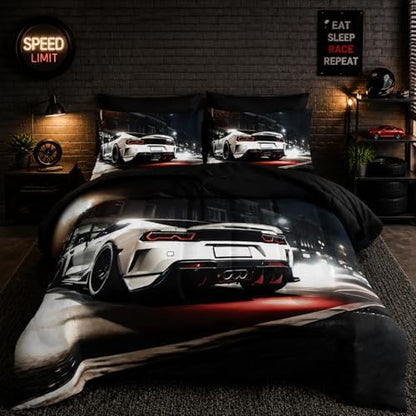Nttopship Sports Car Comforter Set Full Size 7PCS, White Racing Car Bedding Set 7 Piece in A Bag, Bed Sheet Set White Racing Car Decor, Microfiber Lightweight All Season