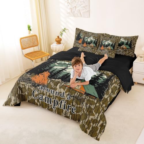 Erosebridal Camouflage 7 Piece Bed in A Bag Full Kids Camo Camping Bed in A Bag Rv Campsite Camper Bedding Sets for Kids Boys Girls Military Style Army Green Wild Room Decor Sheet Set with Comforter