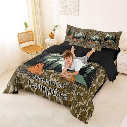 Erosebridal Camouflage 7 Piece Bed in A Bag Full Kids Camo Camping Bed in A Bag Rv Campsite Camper Bedding Sets for Kids Boys Girls Military Style Army Green Wild Room Decor Sheet Set with Comforter