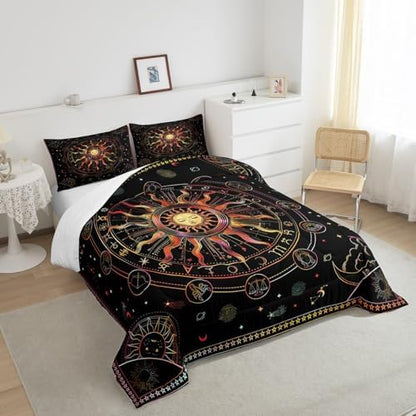 Manfei Sun and Moon Comforter Set Full Size, Zodiac Constellation Bedding Set 3pcs for Kids Boys Girls Room Decor, Hippie Boho Quilt Set with 2 Pillowcases