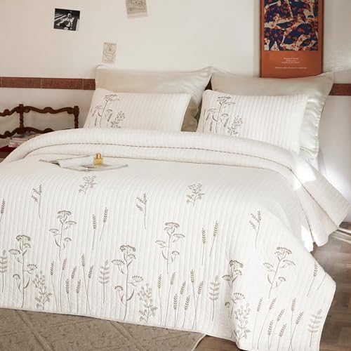 MarCielo 3pcs Cotton Floral Quilt Set, White Floral