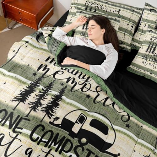 Erosebridal 7 Pieces Twin Happy Camping Decor Bedding Sets Rustic Camper Comforter Set, Camper Accessories for Travel Trailers Sheet Set, Farmhouse Bed Sets Country Bedding Comforter Sets