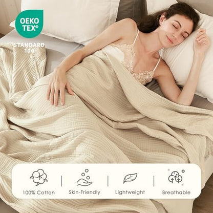 EMME Cotton Muslin Throw Blanket 4 Layer for Adults, Lightweight Breathable Gauze Blanket, Soft All Season Couch Blanket for Couch Bed Travel (Beige, 50"x60")