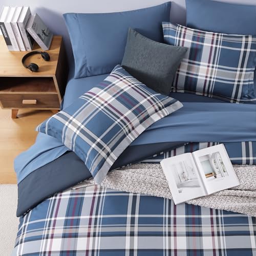 Plaid Full Size Comforter Set Medium Blue 7 Pieces Farmhouse Bed in a Bag