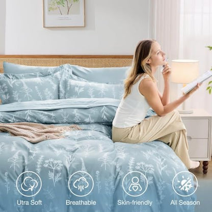 MUXHOMO Mineral Blue Cal King Comforter Set, Elegant Floral Print Bed in a Bag 7 Pieces, Ultra Soft & Breathable Reversible Botanical Pattern Bedding Set with Comforter, Sheets, Pillowcases, and Shams