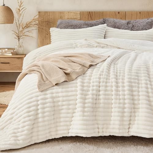Sasttie Fluffy Cali King Comforter Set, 3 PC Fleece Bedding, Cream White