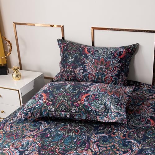 VM VOUGEMARKET Paisley Bedding Sets 3Pcs Brushed Cotton Duvet Cover Set King Size Rustic Damask Stormy Blue Floral Comforter Cover with Zipper Closure Boho Bedding Collections
