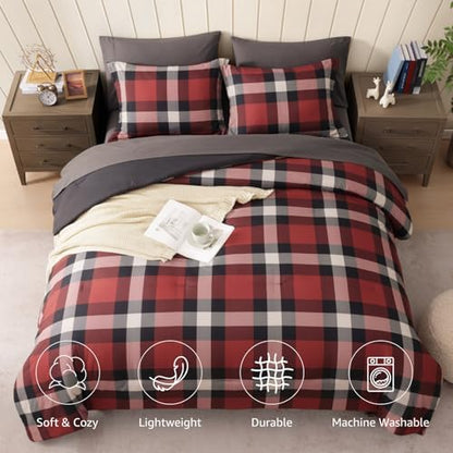 Plaid Queen Comforter Set Red 7 Pieces Bed in a Bag for Boys Girls Teen