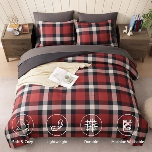 Plaid Full Size Comforter Set Red 7 Pieces Bed in a Bag Boys Girls Teen