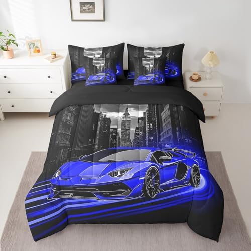 Feelyou Blue Race Car Comforter Set with Sheets Full Size Kids Speed Sports Car 7 Pieces Bedding Set for Boys Girls Teens Racing Car Bed in a Bag Extreme Sports Street Bed Set Gothic Modern City