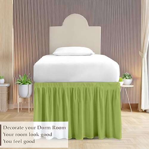 Dorm Bed Skirt Twin XL 46 Inch Drop, Easy to Install Extra Long Wrap Around Elastic Dust Ruffle, Bedskirt Solid Silky Fabric Machine Washable, Ruffled College Dorm Room Sage