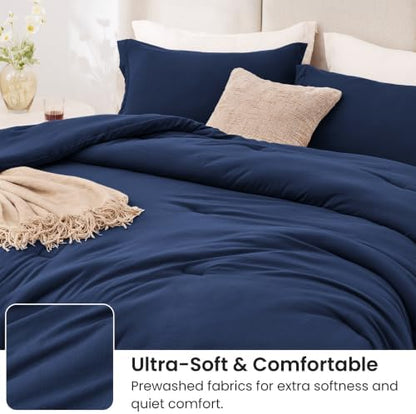 Love's cabin Dark Blue Queen Comforter Set, 3-Piece Prewashed Bed Set