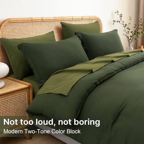 Prewashed King Size Comforter Set 7 Pieces, Dark Green Bed Set