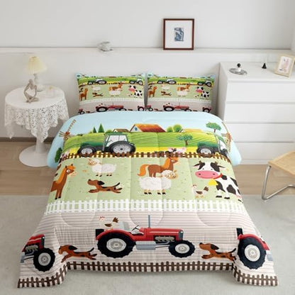 Feelyou Tractor Bedding Sets Toddler Size for Kids Boys Cute Cartoon Farm Animals Comforter Set Girls Farmhouse Country Down Comforter for All Season Colorful Room Decor Nature Theme Duvet Set