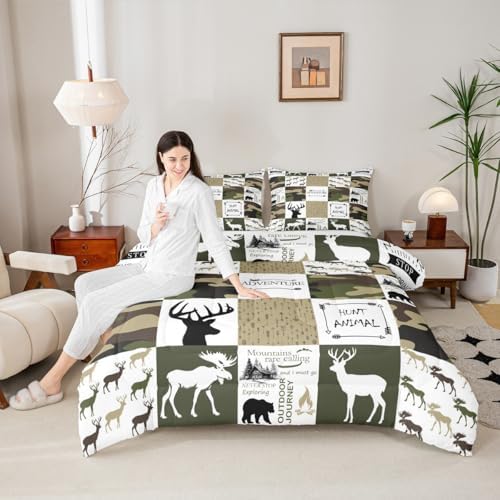 Castle Fairy Grid Comforter Set Queen Size for Kids Teens Boys Home Decor,Camo Deer Antler Arrows Bedding Outdoor Adventure Quilt Bear Elk Animal Duvet Insert with 2 Pillowcases,Army Green White