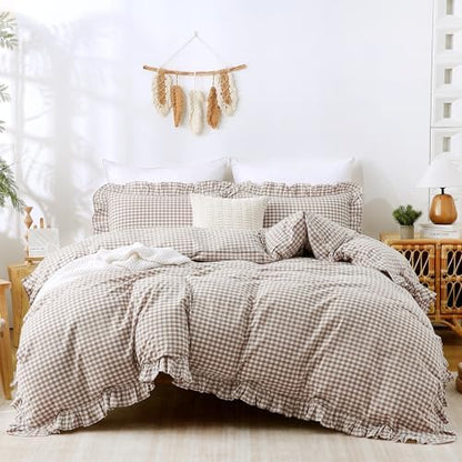 ATsense Tan Gingham Ruffle Duvet Cover Set Cotton Like Linen, Cal King