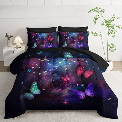 7pcs Animals Comforter Set Purple Blue Dreamy Butterfly Printed Bedding Set with 1 Comforter, 1 Flat Sheet, 1 Fitted Sheet and 4 Pillowcases for Boys and Girls Bedroom (King
