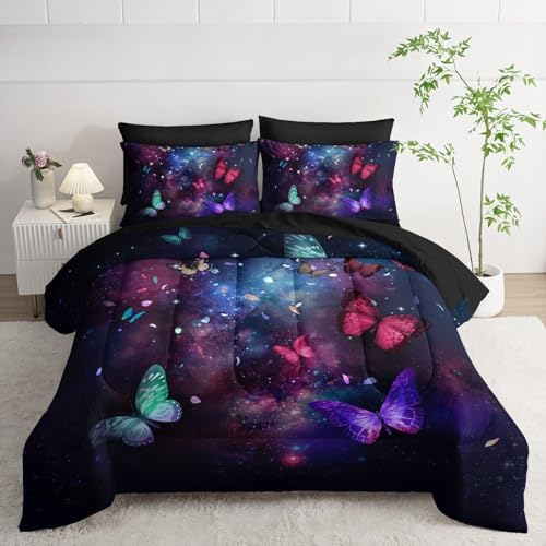 7pcs Animals Comforter Set Purple Blue Dreamy Butterfly Printed Bedding Set with 1 Comforter, 1 Flat Sheet, 1 Fitted Sheet and 4 Pillowcases for Boys and Girls Bedroom (Twin
