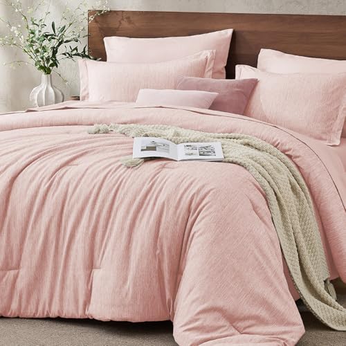 JOLLYVOGUE Rose Pink Full Comforter Set, Cationic Dyeing Bed in a Bag Full 7 Pieces, Double-Tone Bedding Set with Down Alternative Comforter, Sheets, Pillowcases & Shams
