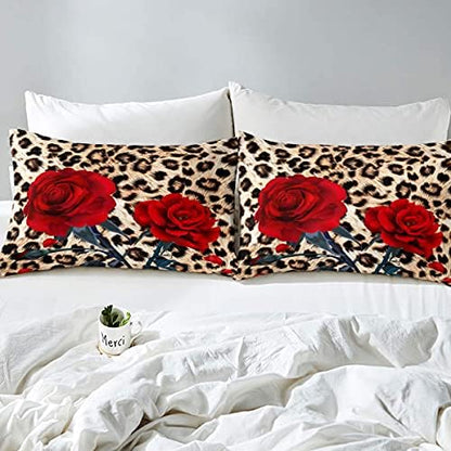 Rose Flower Comforter Set for Teens Adult Women Wedding Gift, Leopard Print Bedding Set Queen Size, Valentine's Day Cheetah Duvet Sets Leopard Animal Skin Down Comforter for Bedroom Decor, Brown