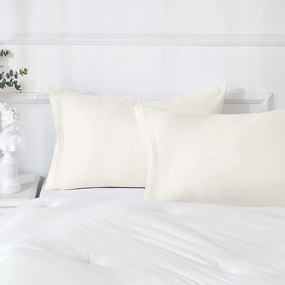 YIYEA Pillow Cases Standard Size Set of 4, Ultra Soft 1800TC Hotel Quality Double Brushed Microfiber Embroidered Pillowcases, Envelope Closure, Fade Resistant (20"x26", Ivory)