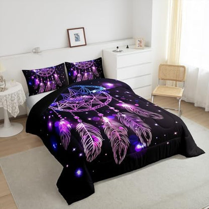 Erosebridal Dream Catcher Feather Comforter Set, Bohemian Mandala Down Comforter Full Size for Kids Girls Boys, Starry Sky Galaxy Bedding Set Boho Tie Dye Exotic Flower Quilted Duvet, Purple