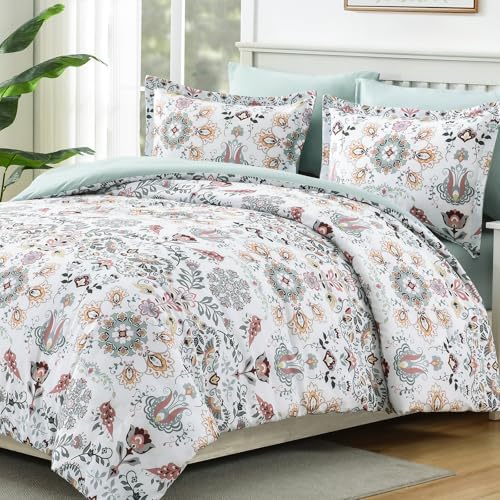DHSFKBE Boho Comforter Set King - 7 Pieces Bed in a Bag Floral Design, Bohemian Comforter Set with Sheets, Soft Microfiber Complete Bedding Sets All Season (Light Green, King)
