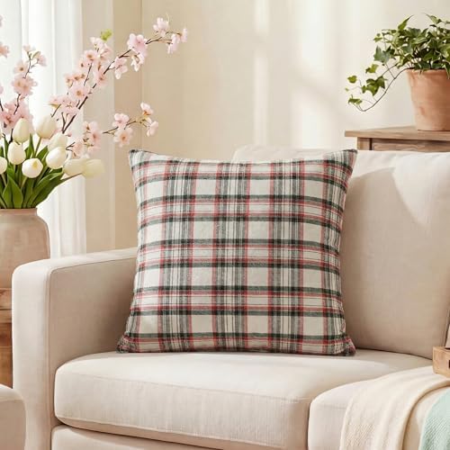 AVOIN colorlife Spring Summer White Red Green Plaid Decorative Throw Pillow Covers, 18 x 18 Inch Holiday Scottish Tartan Cushion Case Farmhouse Decoration for Sofa Couch Set of 2