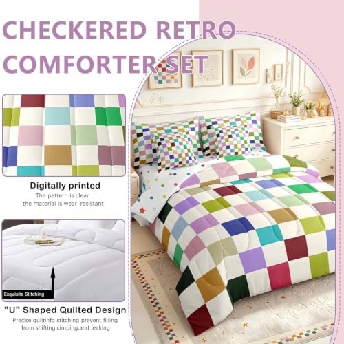 Feelyou Colorful Checkered 7 Piece Bedding Set Teen Retro Modern Geometric Colorful Comforter Set with Sheets King Size Kids Boys Cute Neutral Plaid Bed in a Bag Vintage Aesthetic Room Decor