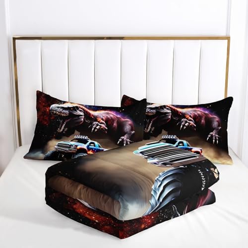 AILONEN Boys Dinosaur and Truck Bedding Set Twin,3D Starry Dinosaur Comforter Set,Monster Truck Comforter Set,Kids Soft Microfiber Bedding Printed Comforter with 2 Pillowcases,3-Piece