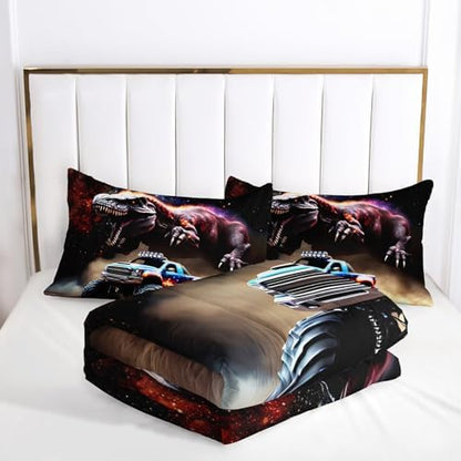 AILONEN Boys Dinosaur and Truck Bedding Set Twin,3D Starry Dinosaur Comforter Set,Monster Truck Comforter Set,Kids Soft Microfiber Bedding Printed Comforter with 2 Pillowcases,3-Piece