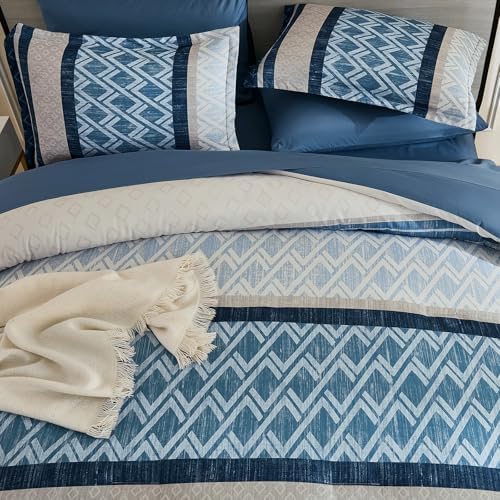 Cottolester King Comforter Set 7 Pieces Blue Boho Striped Bed in a Bag