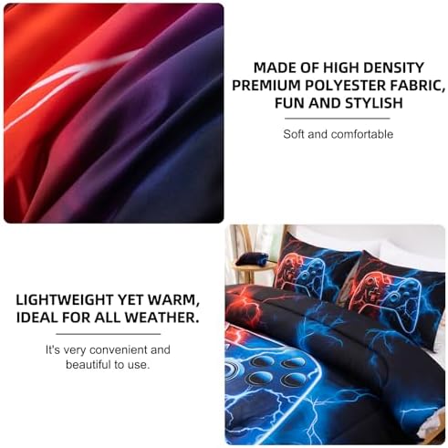 Meeting Story 5 Pcs Gaming Bedding Set Queen Size Green Game Console Kids Bed in A Bag 3D Black Gamer Comforter Set with Sheets for Boys Teen(RedBlue)