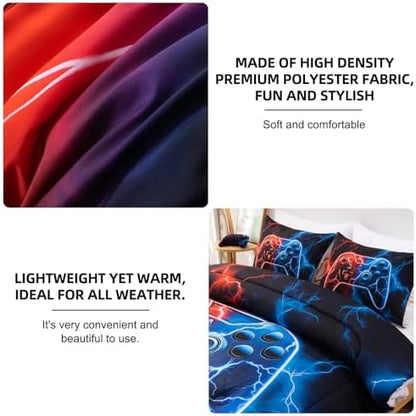 Meeting Story 5 Pcs Gaming Bedding Set Queen Size Green Game Console Kids Bed in A Bag 3D Black Gamer Comforter Set with Sheets for Boys Teen(RedBlue)