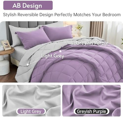 MUXHOMO 5 Pieces Twin Comforter Set, Reversible Bed in a Bag Twin Size, All Season Bedding Set with Comforter, Flat Sheet, Fitted Sheet, Pillowcases & Shams, Greyish Purple & Light Grey