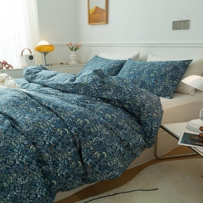 Blue Floral Duvet Cover Queen Vintage Flower Pattern Duvet Cover 100% Cotton Garden Style Comforter Cover Chic Botanical Floral Bedding Sets for Girls Women 1 Queen Duvet Cover with 2 Pillowcases