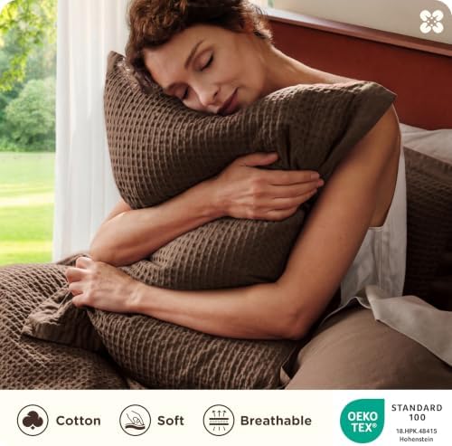 Bedsure PureWoven 3 Pieces 100% Cotton Waffle Duvet Cover Set, Queen, Brown