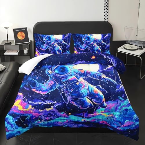 Kids Dark Blue Astronaut Comforter Set Twin Size for Boys，Outer Space Themed Twin Size Bedding Set，with 1 Comforter with 2 Pillow Case，Astronaut Themde Bedroom Decor for Boys Kids