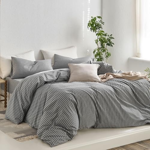 MooMee Striped Duvet Cover Set 100% Washed Cotton Linen Like Queen