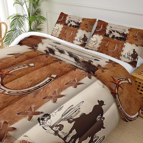 Brown Cowhide Patchwork Cow Print Comforter Set King,Western Cowboy Bedding Set for Boys Girls,Animal Cowhide Bedding Set,Soft Microfiber Western Quilt Set for Bedroom Decor