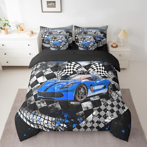 Blue Racing Car Comforter Set 7 Pieces,Fast and Furious Extreme Sport Games Bed Set,Sports Car Bedding Bed in a Bag,Full (1 Comforter,2 Pillowcase,2 Pillow Covers,1 Flat Sheet,1 Fitted Sheet)
