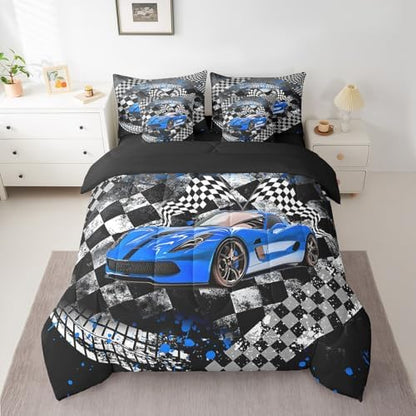 Blue Racing Car Comforter Set 7 Pieces,Fast and Furious Extreme Sport Games Bed Set,Sports Car Bedding Bed in a Bag,Full (1 Comforter,2 Pillowcase,2 Pillow Covers,1 Flat Sheet,1 Fitted Sheet)