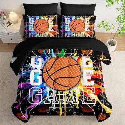7Pcs Basketball Comforter Set Ball Sports Printed Bedding Set with 1 Comforter, 1 Flat Sheet, 1 Fitted Sheet and 4 Pillowcases for Boys and Girls Bedroom All Season(Basketball-3 Full
