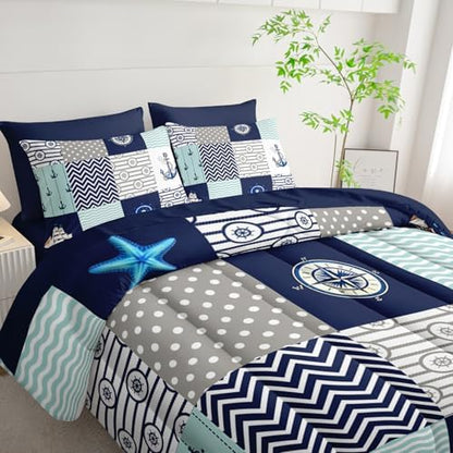 HOSIMA 7Pcs Nautical King Comforter Set with Sheets Ocean Themed Bedding.