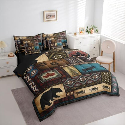 Rustic Cabin 7 Pieces Bedding Set King Size,Hunting Bear Deer Bed in a Bag,Southwestern Aztec Bed Set Includes Comforter,Sheet Set,Pillowcases & Pillow Covers,Farmhouse Tribal Bohemian Bedroom Decor