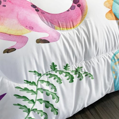 Cartoon Dinosaur Comforter Set Full 3Pc Kawaii Dinosaur Bedding Set All Season with Tree, Leaf Decoration Includes 1 Comforter, 2 Pillowcases for Kids Girls Teens